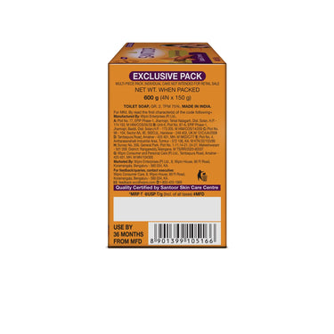 Santoor Skin Moisturizing Sandal & Turmeric Bathing Soap with Nourishing & Anti-Aging Properties| For Soft & Smooth and Younger-Looking Skin| For All Skin Types| Pack of 4, 150g